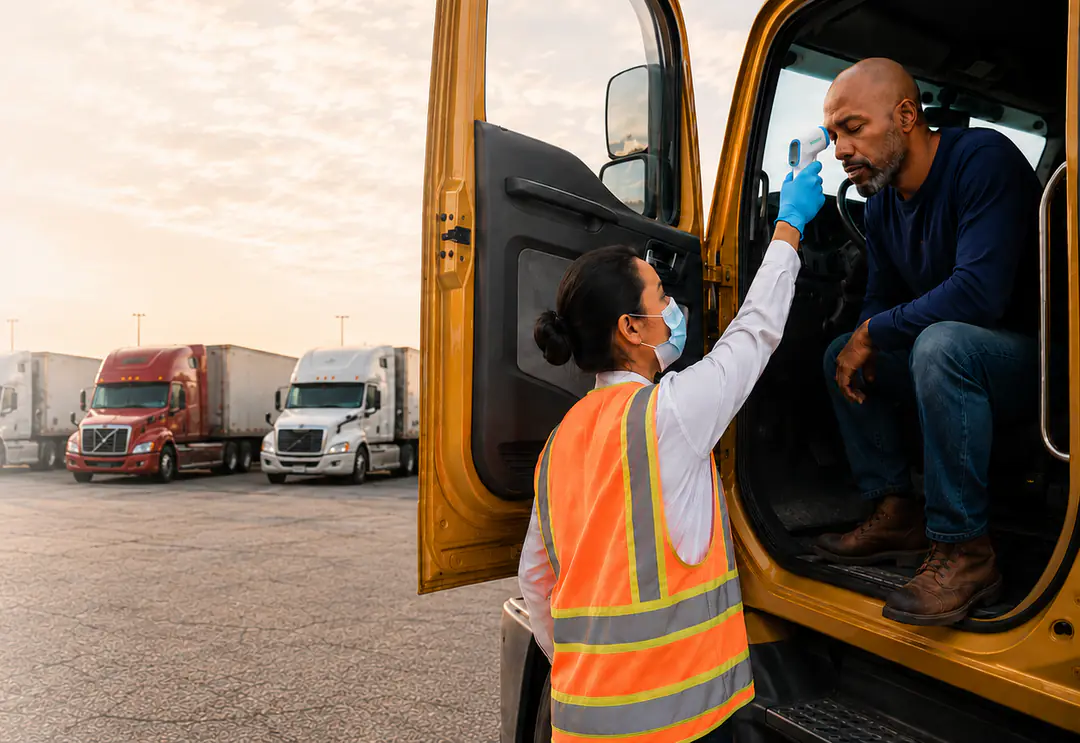 Driver in a truck cab getting a forehead temperature check