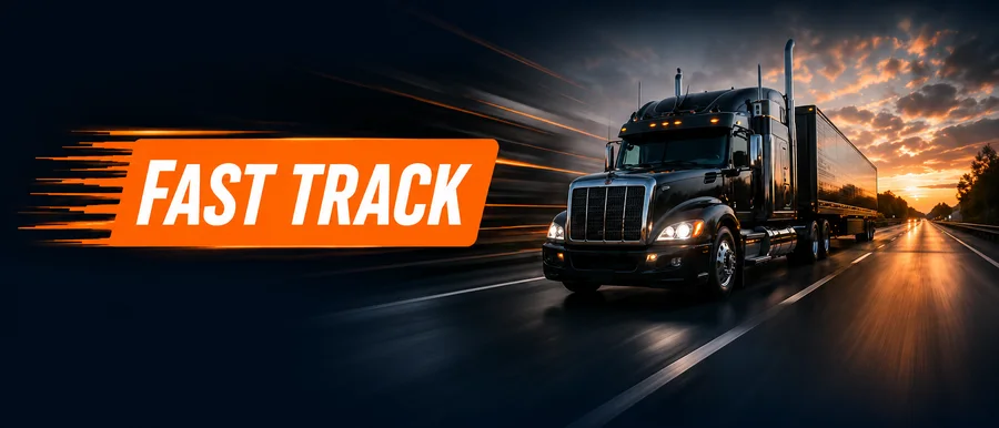 Semi-truck on the highway at sunset with Fast Track branding