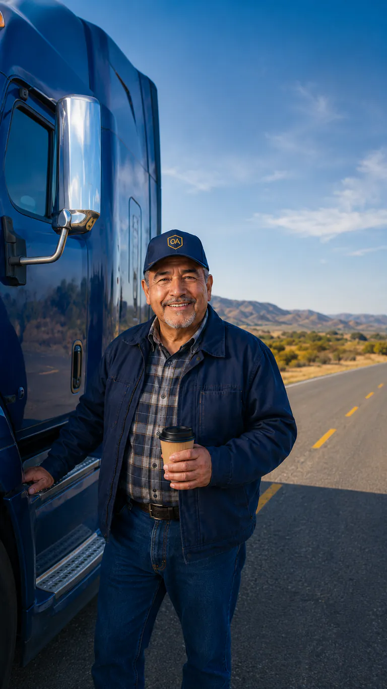 Truck driver standing beside a semi truck at a truck stop, ready for Medicare guidance on the road