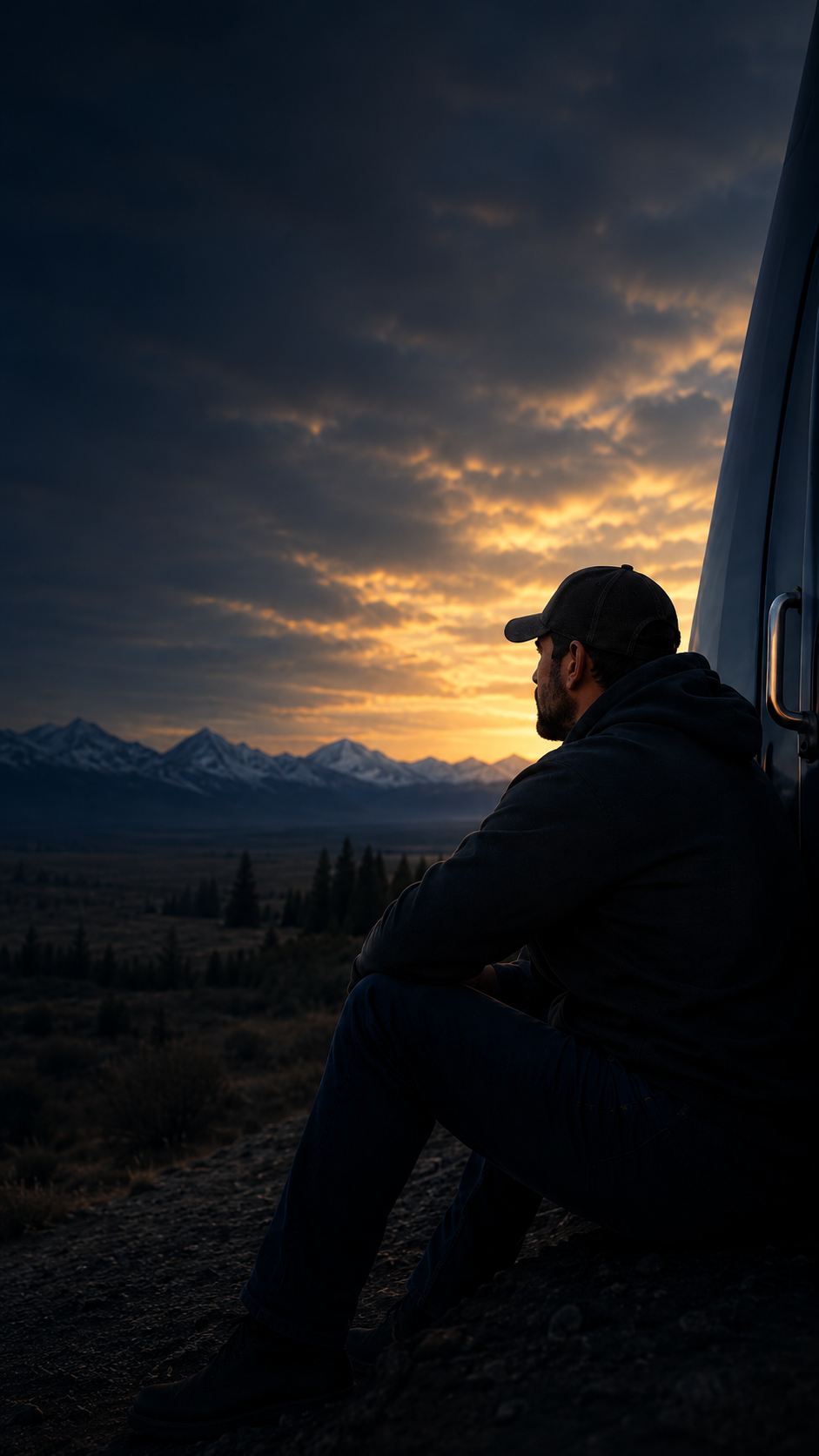 Truck driver resting by his cab looking out toward a mountain horizon at dusk